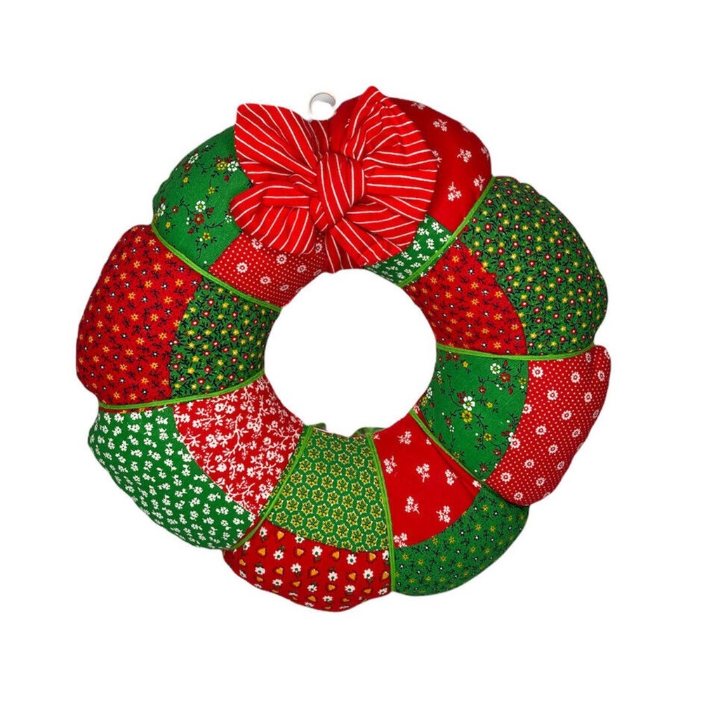 Vintage 18" Patchwork Fabric Stuffed Quilt Handmade Country Wreath Cottagecore
